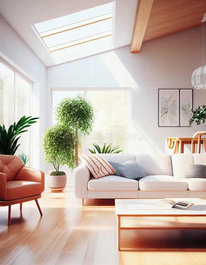 Spacious modern living room after renovation with natural light and minimalist furniture