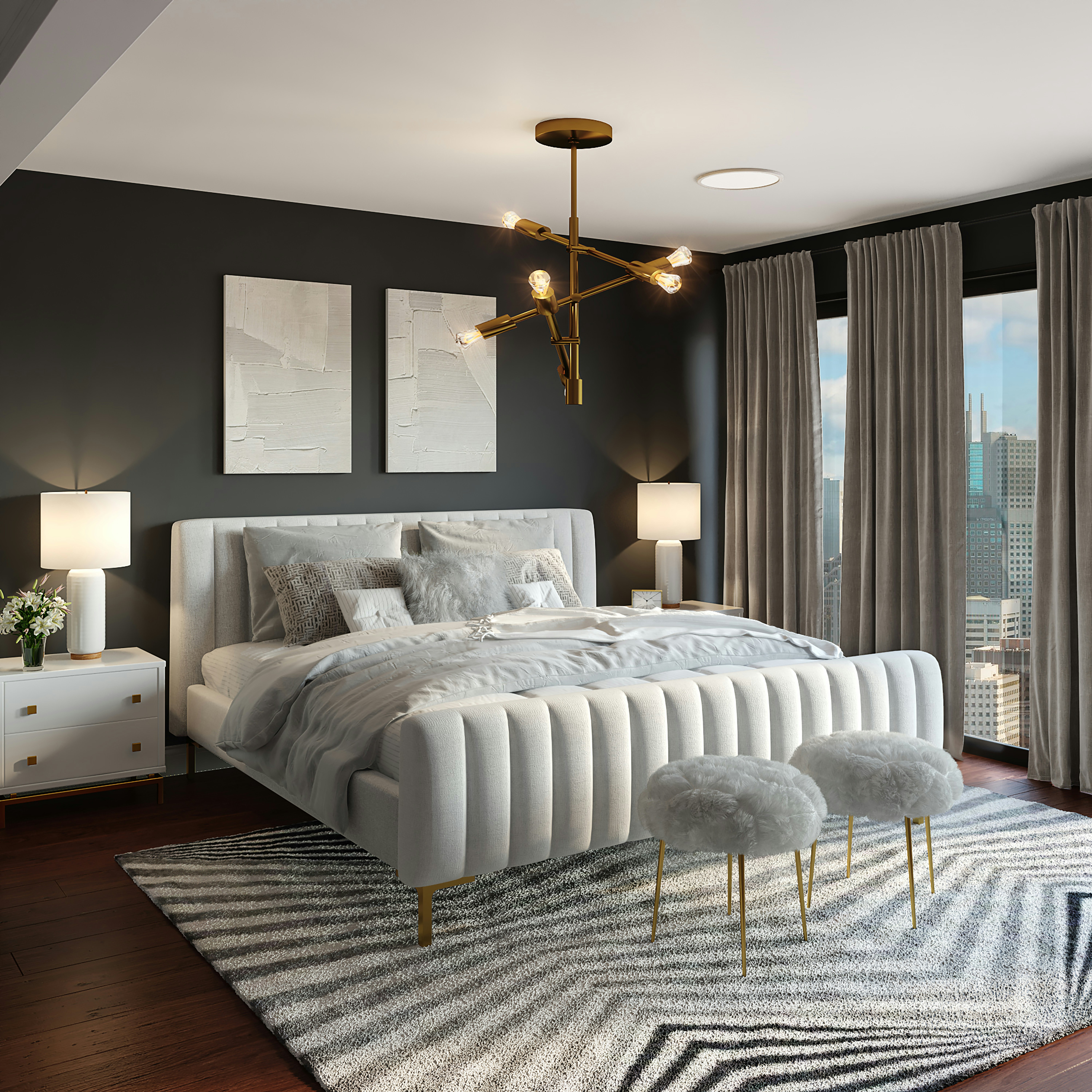 Light colored modern bedroom interior with white walls and pastel accents