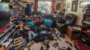 Cluttered living room before renovation with red curtains and cramped furniture