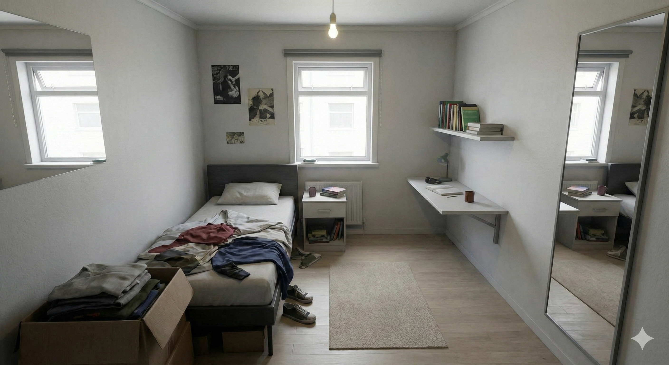 Spacious modern bedroom after makeover with light colors and smart storage