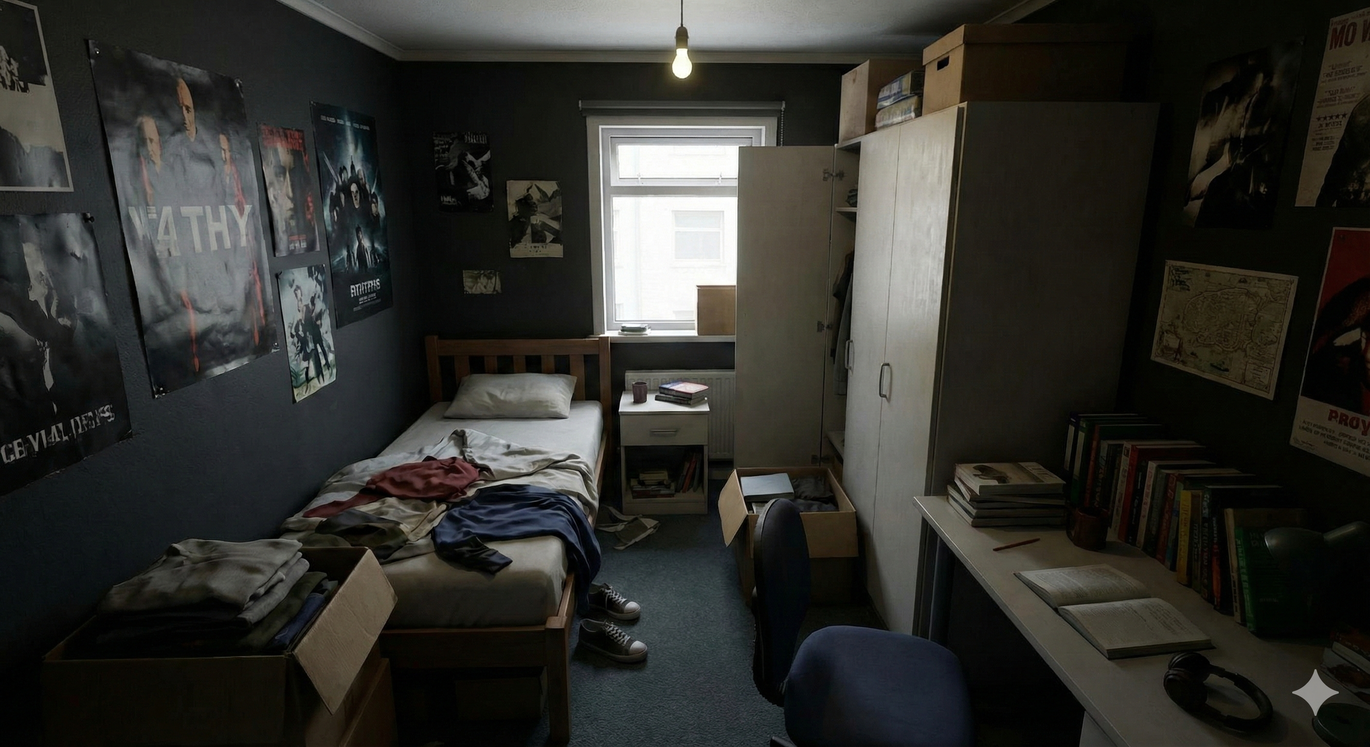 Cramped small bedroom before makeover with dark walls and cluttered furniture