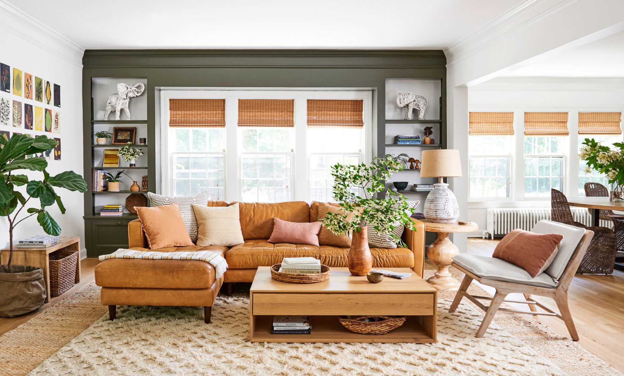 Modern living room interior with contemporary furniture and earthy tones